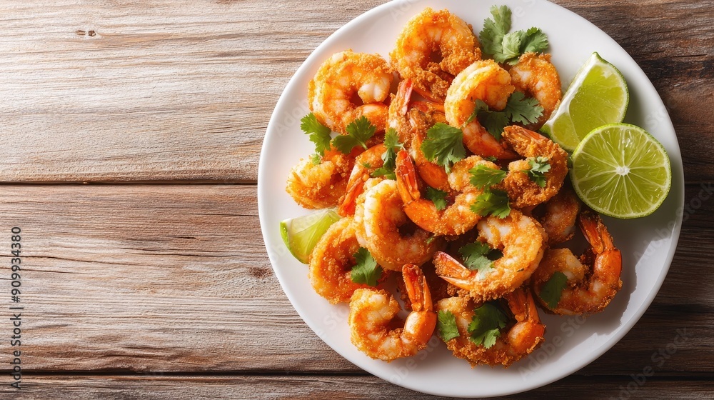 Breaded shrimps with lime wedges and coriander leaves, beautifully arranged on a white plate against a rustic wooden table Breaded shrimps with lime wedges and coriander leaves, beautifully arranged on a white plate against a rustic wooden table