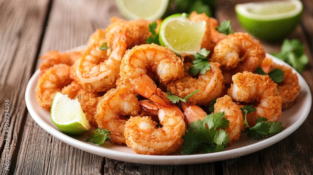 Breaded shrimps with lime wedges and coriander leaves, beautifully arranged on a white plate against a rustic wooden table Breaded shrimps with lime wedges and coriander leaves, beautifully arranged on a white plate against a rustic wooden table