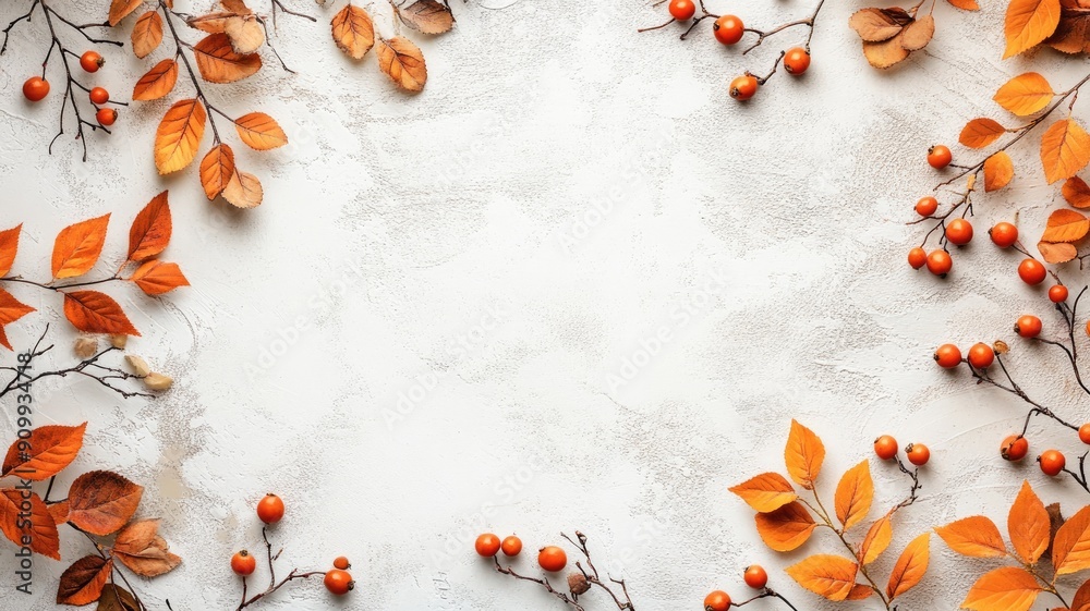 Autumn leaves and berries on rustic white background Autumn leaves and berries on rustic white background