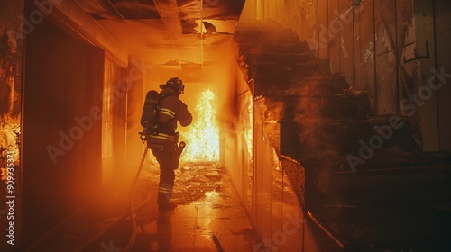 A firefighter confronts a fierce blaze in an abandoned structure, battling flames that illuminate the dark hallway, showcasing bravery and urgency