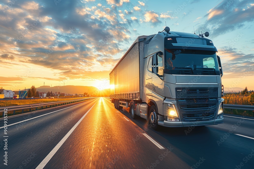 Semi Truck Driving on a Highway at Sunset Semi Truck Driving on a Highway at Sunset