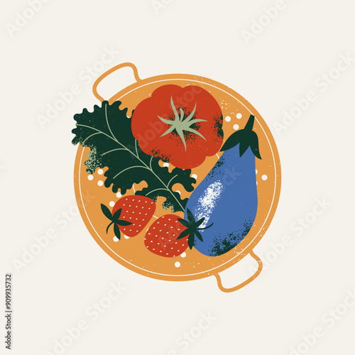 Colander with fresh vegetables. Eggplant with tomatoes and kale with strawberries. 