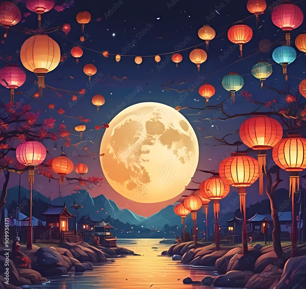 Mid-autumn festival background banner, image of a big full moon in the night sky, surrounded by colorful lanterns. Mid-autumn festival background banner, image of a big full moon in the night sky, surrounded by colorful lanterns.