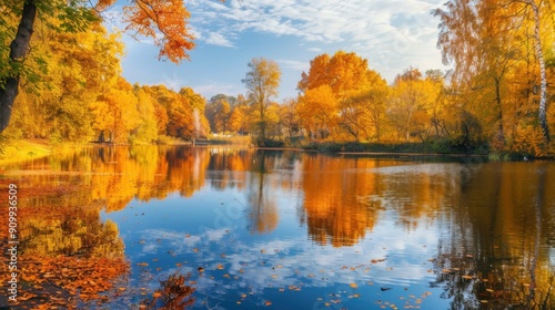 Scenic autumn landscape with vibrant fall foliage reflecting in a calm lake, under a bright blue sky, surrounded by orange trees and colorful leaves.