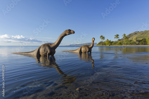 Brontosaures marchant dans un lac peu profond d'Amérique du Nord photo
