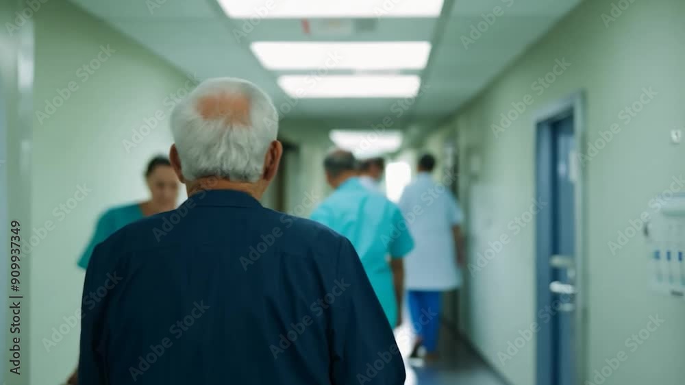An elderly man walks alone down a hospital corridor, passing by medical professionals engaged in their duties during the day