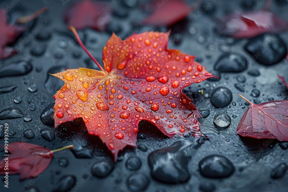 Dew-Covered Red Maple Leaf on a Dark, Wet Surface Dew-Covered Red Maple Leaf on a Dark, Wet Surface