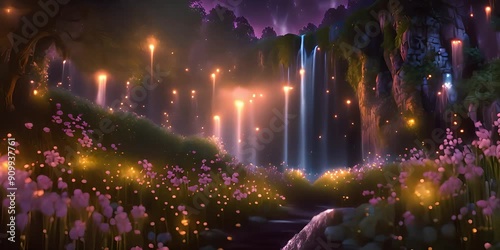 Glowing fireflies illuminating a hidden fairytale garden at dusk, with a majestic waterfall cascading down a vibrant flower covered cliff