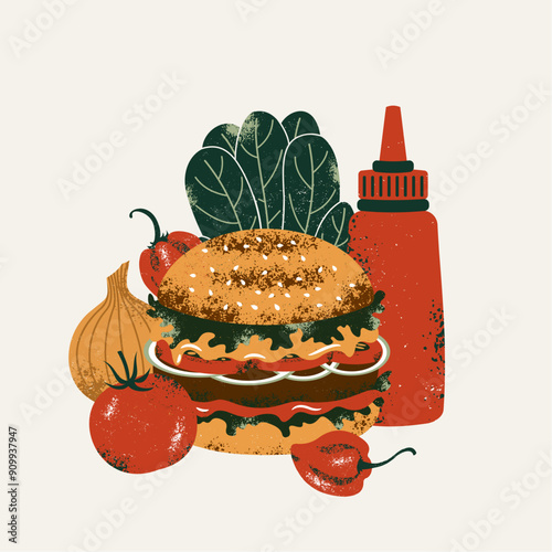 Burger ingredients illustration. Burger with cheese and tomatoes and onions with salad. Tomato ketchup. 