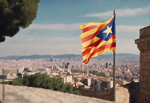 flag catalunya Montjuic view barcelona viewpoint castle background cityscape Sky Travel City Architecture Buildings Spain Urban Capital Downtown Aerial Catalu photo