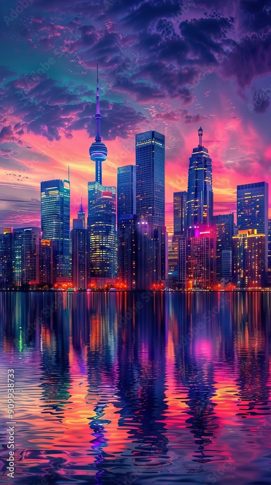 Fototapeta premium Vibrant City Skyline at Dusk with Illuminated Buildings and Reflections in the River. AI generated illustration