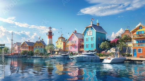 Vibrant Coastal Town with Brightly Colored Houses and Boats Docked at the Marina. AI generated illustration