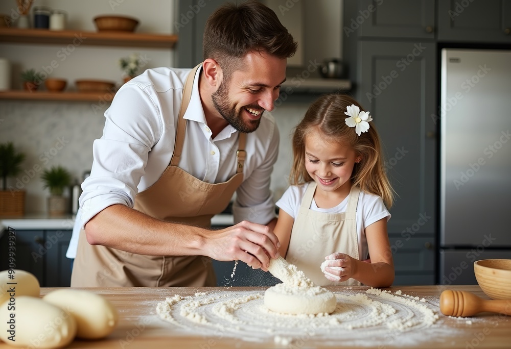 Joyful Father-Daughter Baking Bonding: A heartwarming kitchen moment captured in a beautiful photograph. Perfect for family, food, and love-themed projects. Joyful Father-Daughter Baking Bonding: A heartwarming kitchen moment captured in a beautiful photograph. Perfect for family, food, and love-themed projects.