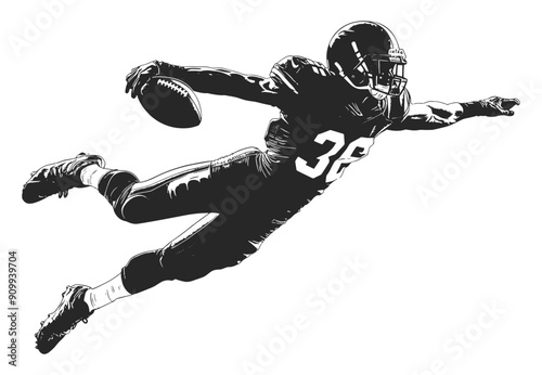 Silhouette of an American football player jumping with a ball in his left hand