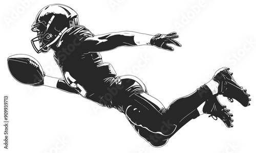 Silhouette of an American football player jumping with a ball in his right hand
