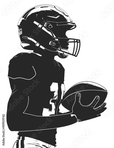 Silhouette of an American football player with a ball in his hands. Side view