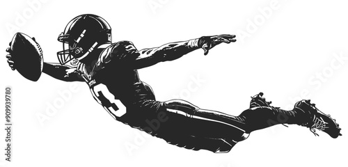 Silhouette of an American football player jumping with a ball in his right hand