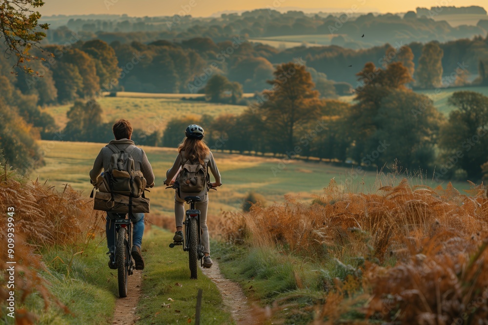 Two Cyclists Riding Through Scenic Landscape During Golden Hour in Autumn Two Cyclists Riding Through Scenic Landscape During Golden Hour in Autumn