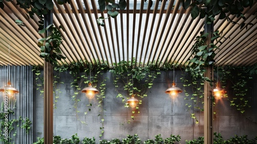 Modern Elegance Industrial Lamps and Greenery Adorn Woodslat Ceiling Perfect for Contemporary Interior Design