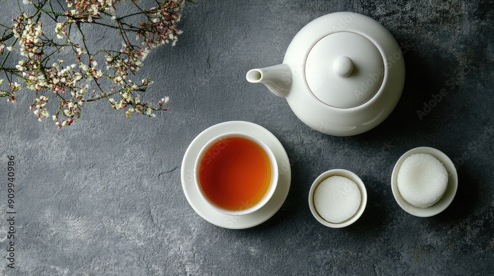 Tea arrangement featuring a cup, teapot, and sugar bowl on a grey background, seen from above, perfect for a relaxing tea time Tea arrangement featuring a cup, teapot, and sugar bowl on a grey background, seen from above, perfect for a relaxing tea time