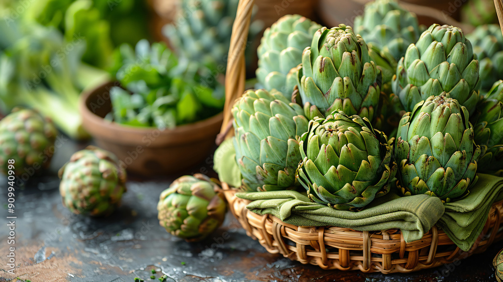 Fototapeta premium Fresh artichokes placed in basket on table