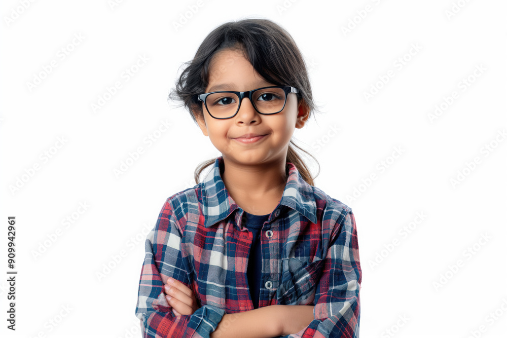 Portrait of a geek indian prodigy girl kid, wearing glasses, arms crossed on chest, isolated on white Portrait of a geek indian prodigy girl kid, wearing glasses, arms crossed on chest, isolated on white