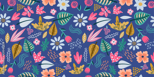 Wallpaper Mural Pattern of different types of leaves. Vector seamless and stylish pattern of leaves. Blue background. Torontodigital.ca