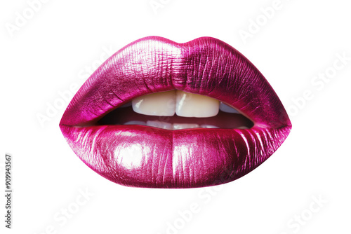 Lips covered with glossy pink lipstick, isolated on white background
