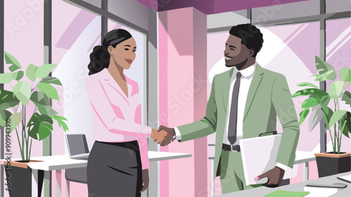 Businessman and businesswoman compete on staircase to win trophy, representing business rivalry and motivation