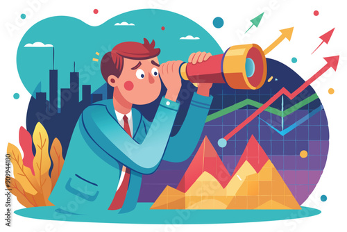 Panicked Investor Foreseeing Stock Market Crash and Economic Crisis Through Telescope