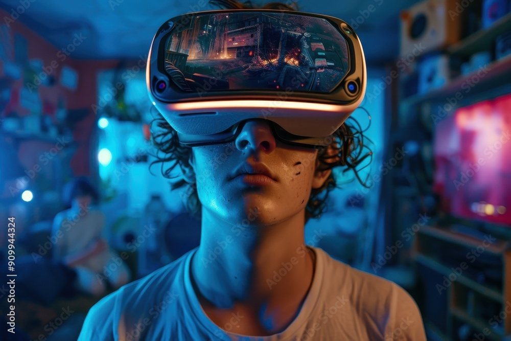 A person wearing a virtual reality headset, immersed in a digital game, is seated in a vibrant, cluttered room with gaming and tech equipment in the background. A person wearing a virtual reality headset, immersed in a digital game, is seated in a vibrant, cluttered room with gaming and tech equipment in the background.