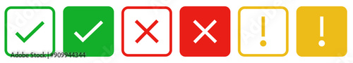 check mark icon button set. check box icon with right and wrong buttons and yes or no checkmark icons in green tick box and red cross. exclamation mark information