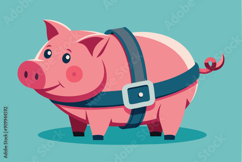 Pink piggy bank tightening belt, symbolizing cost-saving measures during financial crisis