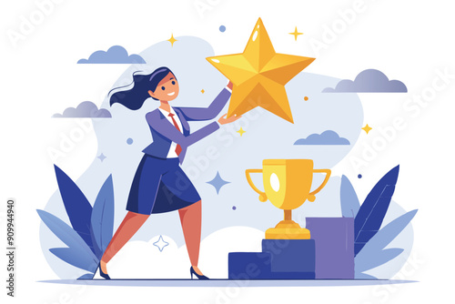 Ambitious businesswoman filling golden star trophy, symbolizing motivation for success and personal growth