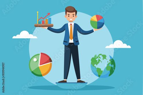 Fund Manager Balancing Global Investment Portfolio with World Pie Chart