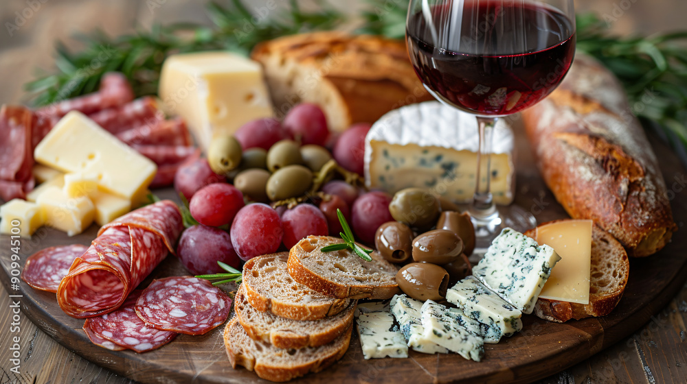 Glass of red wine and appetizers cheese bread with red olive on round wooden platter Glass of red wine and appetizers cheese bread with red olive on round wooden platter