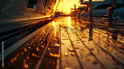 Glistening Sunrise DewKissed Yacht Deck Awash in Golden Light photo