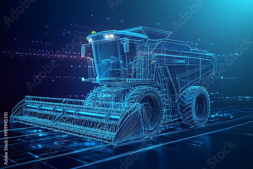 A digital wireframe polygon illustration of a combine harvester set against a blue background, showcasing the precision and complexity of modern agricultural machinery. 