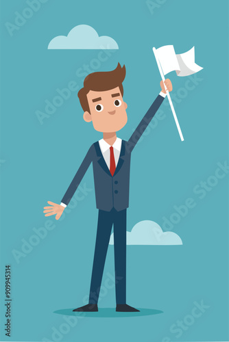 Businessman Surrendering with White Flag, Defusing Conflict and Seeking Compromise in Business Negotiation