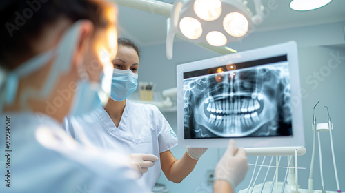  dentist and assistant looking at an X-ray image on a light box, in a dimly lit examination room,