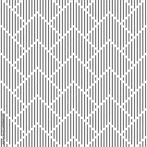 Seamless striped pattern consisting of straight black lines of triangular shape on a white background. Suitable for various design purposes such as textiles, tiles, wallpaper, backdrops, etc.