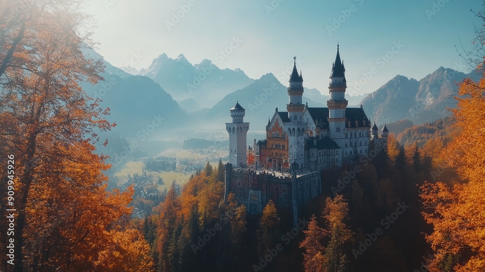 Stunning medieval castle amidst autumn foliage and distant mountains Stunning medieval castle amidst autumn foliage and distant mountains