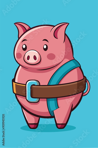 Pink piggy bank tightening belt, symbolizing cost-saving measures during financial crisis