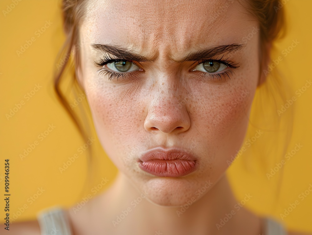 Close up Portrait of a Displeased Woman with Furrowed Brows and Pursed Lips Against a Plain Background Close up Portrait of a Displeased Woman with Furrowed Brows and Pursed Lips Against a Plain Background