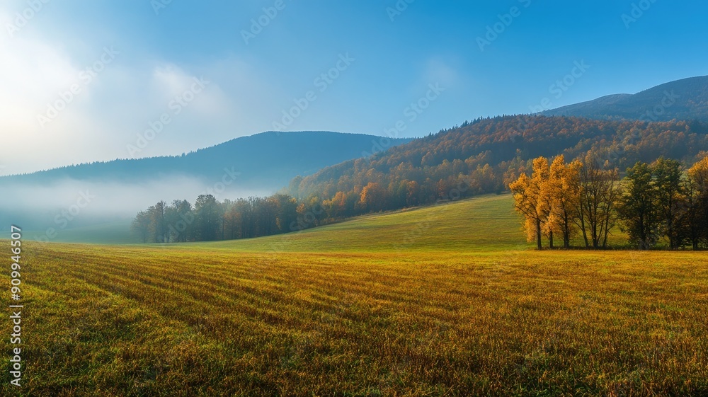 Serene landscape with rolling hills, morning mist, and autumn foliage Serene landscape with rolling hills, morning mist, and autumn foliage