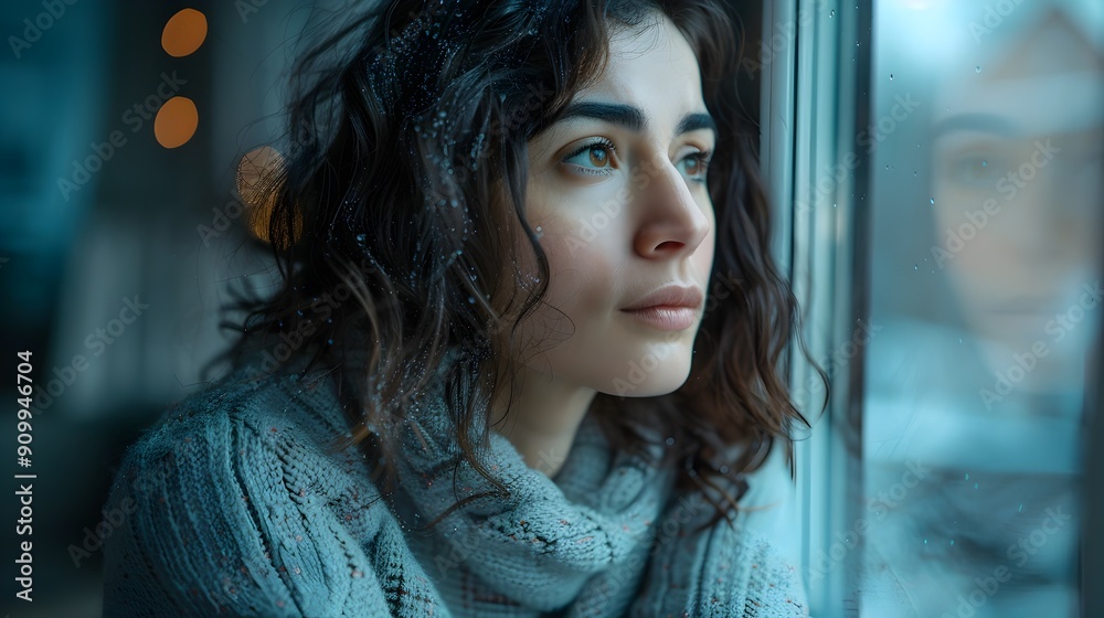 A young woman gazes out a window with a wistful contemplative expression reflecting on memories and emotions A young woman gazes out a window with a wistful contemplative expression reflecting on memories and emotions