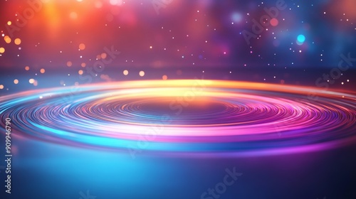 Vibrant Dark Podium with Colorful Swirls and Sparkling Lights in a Modern Abstract Background