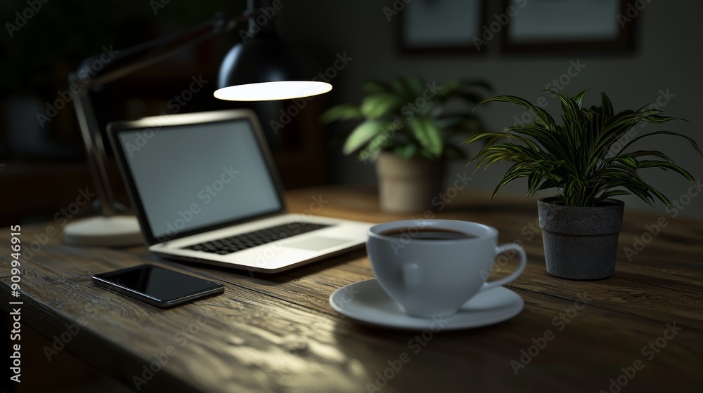 Cozy Home Office Desk with Laptop, Coffee Cup, Smartphone, and Potted Plants in Warm Lighting Cozy Home Office Desk with Laptop, Coffee Cup, Smartphone, and Potted Plants in Warm Lighting