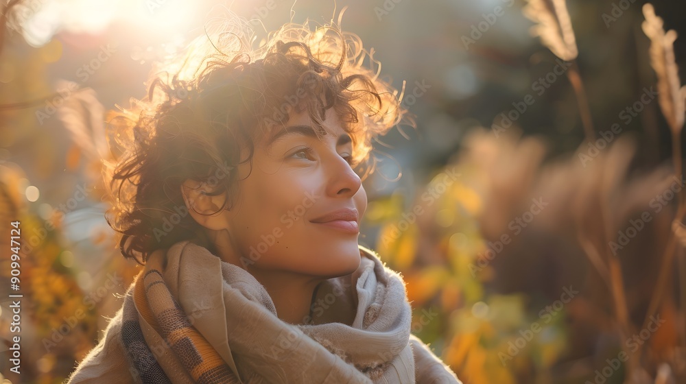 A Serene and Content Female Portrait Against Soft Autumn Foliage A Serene and Content Female Portrait Against Soft Autumn Foliage