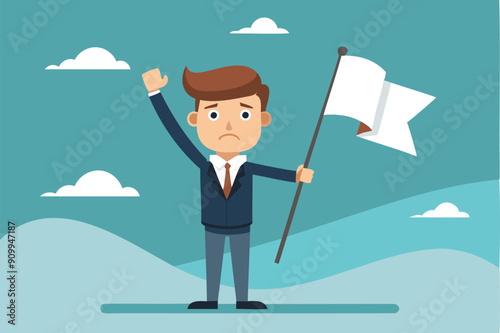 Sad Businessman Waving White Flag, Surrendering and Giving Up on Failed Business Venture